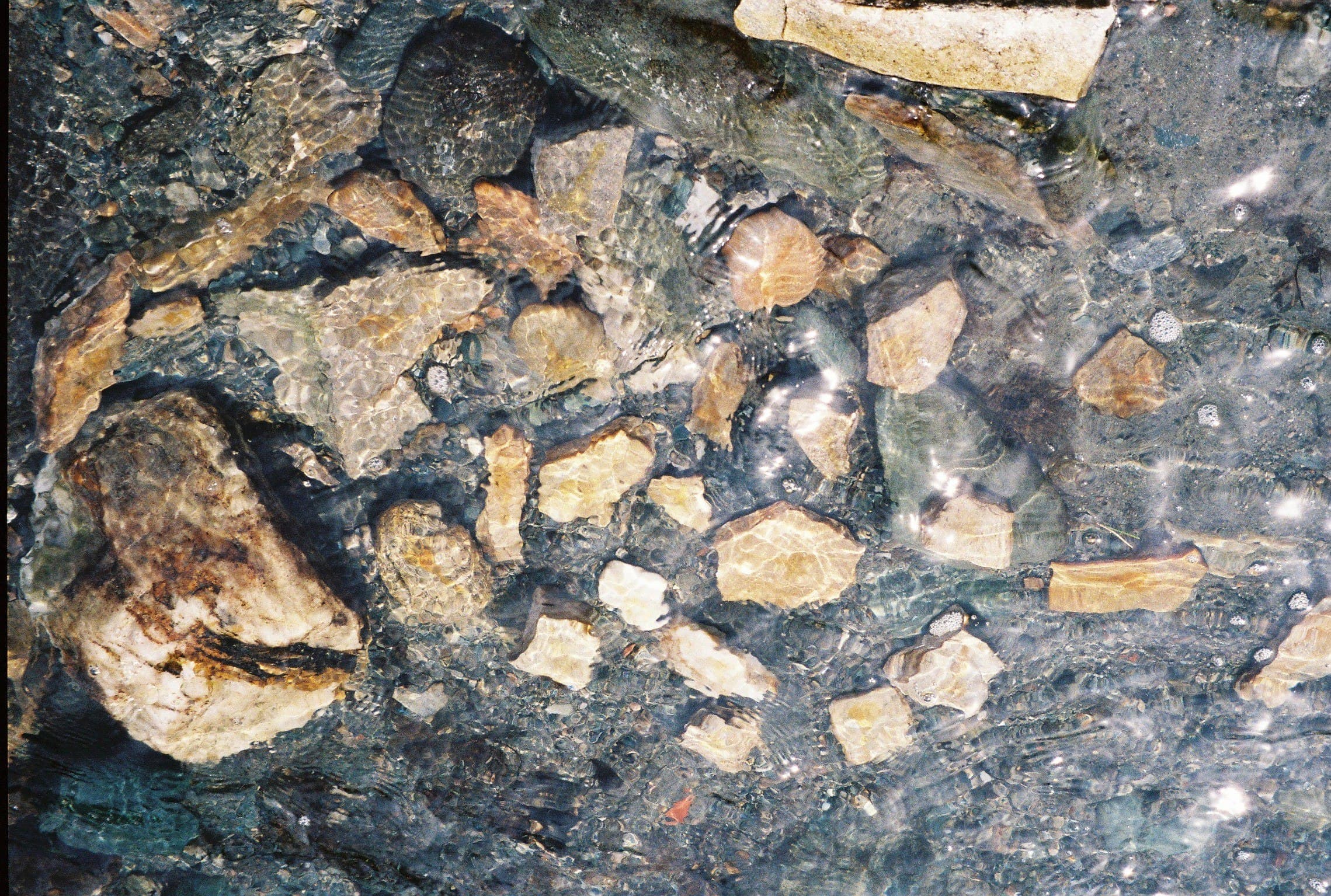 A riverbed seen through clear water, pale stones scattered among darker rocks with sunlight catching ripples on the surface