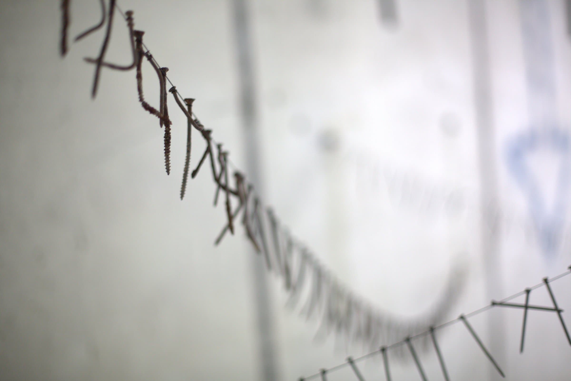 Close-up of nails and screws threaded onto a single wire strand, a window blurred in the background
