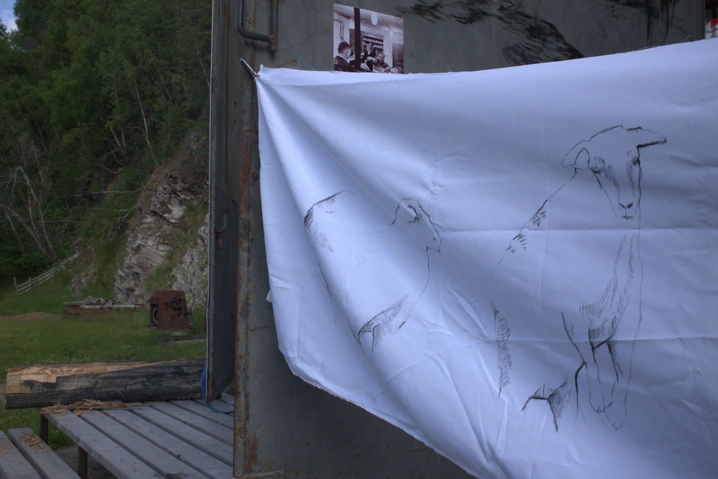 A fabric panel drawn with sketches of goats, hung outside a metal container beside the hillside, with an old photograph pinned nearby
