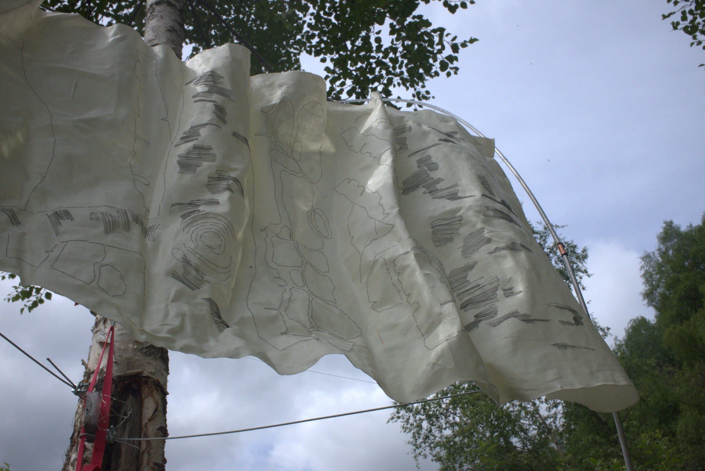 Close-up of a drawn fabric panel billowing in the wind between trees by the river, marked with birch-bark-like line drawings